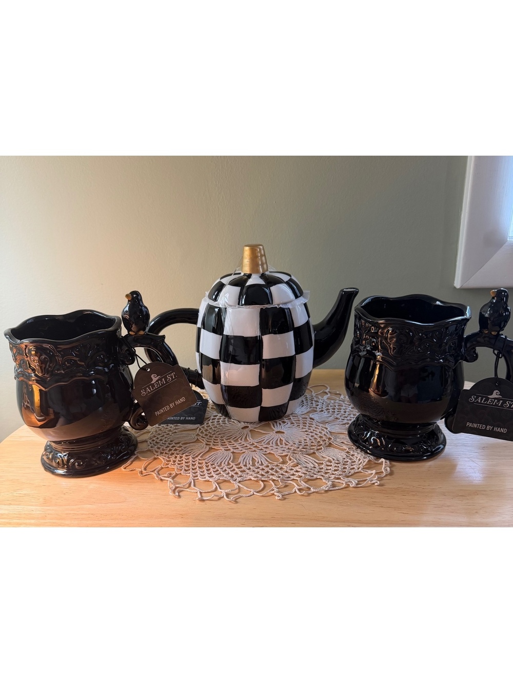 Hand-Painted Salem St. Black and White Checkered Teapot with Black Bird Handle M